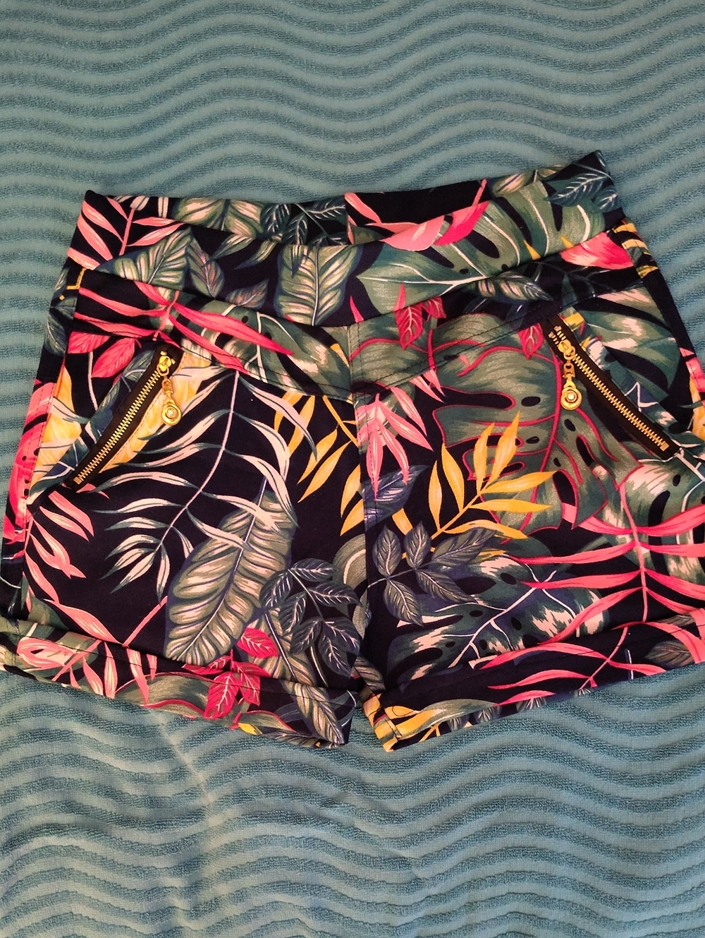 Tropical Print Women's Shorts in Black with Multicolor Leaves